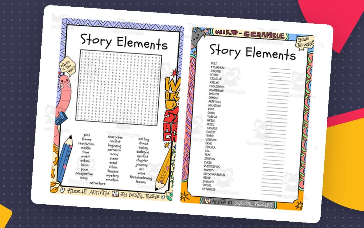 An educational teaching resource from Lapiiin Art Activities entitled Story Elements Words word search & scramble downloadable at Teach Simple.