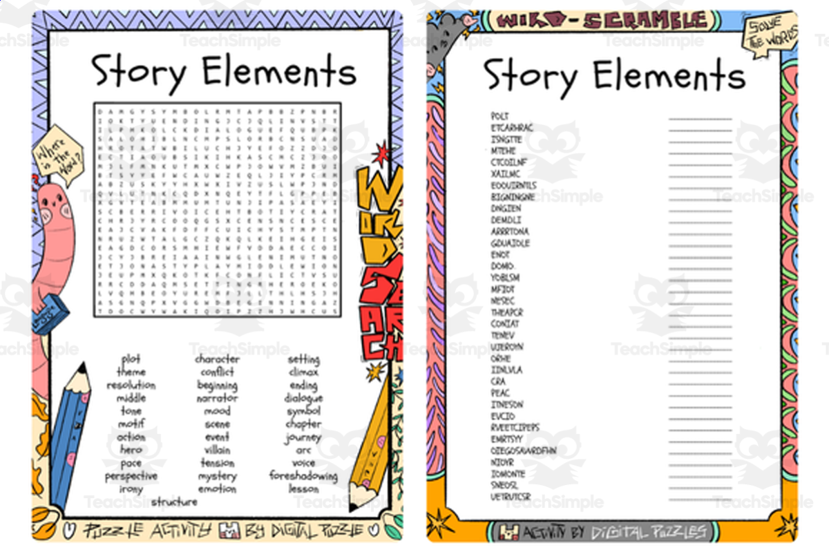 An educational teaching resource from Lapiiin Art Activities entitled Story Elements Words word search & scramble downloadable at Teach Simple.