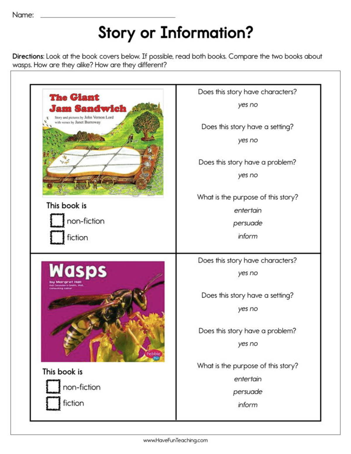 An educational teaching resource from Have Fun Teaching entitled Story or Information Worksheet downloadable at Teach Simple.