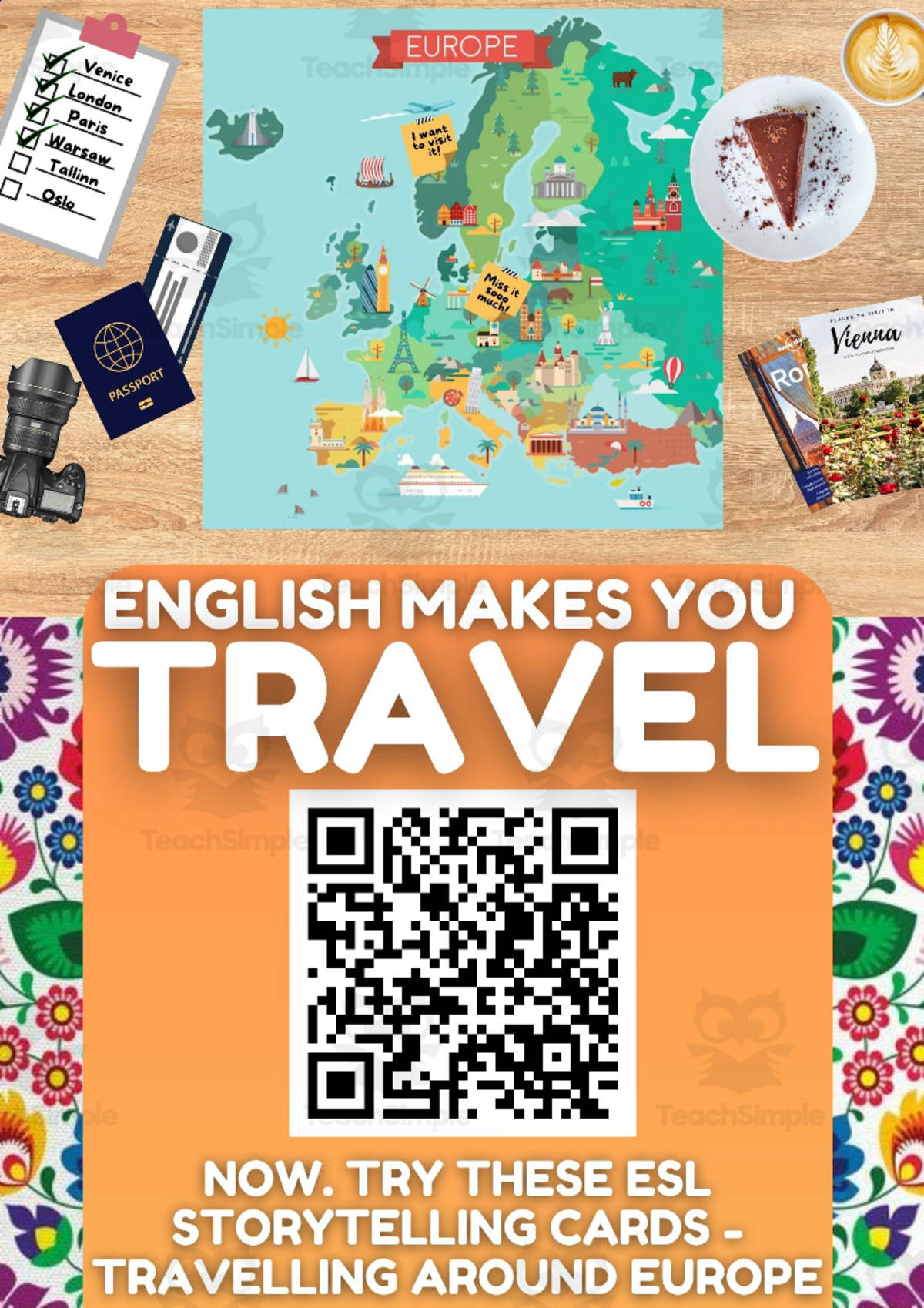An educational teaching resource from Learning with Alan entitled Storytelling Cards Game - My Travel around Europe for ESL EFL TESOL downloadable at Teach Simple.