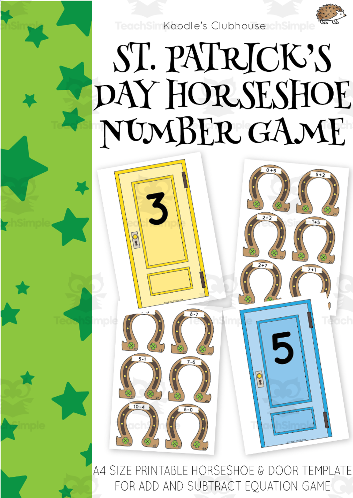 An educational teaching resource from Koodles Clubhouse entitled St.Patrick's Day Horseshoe Addition and Subtraction Equation Activity downloadable at Teach Simple.