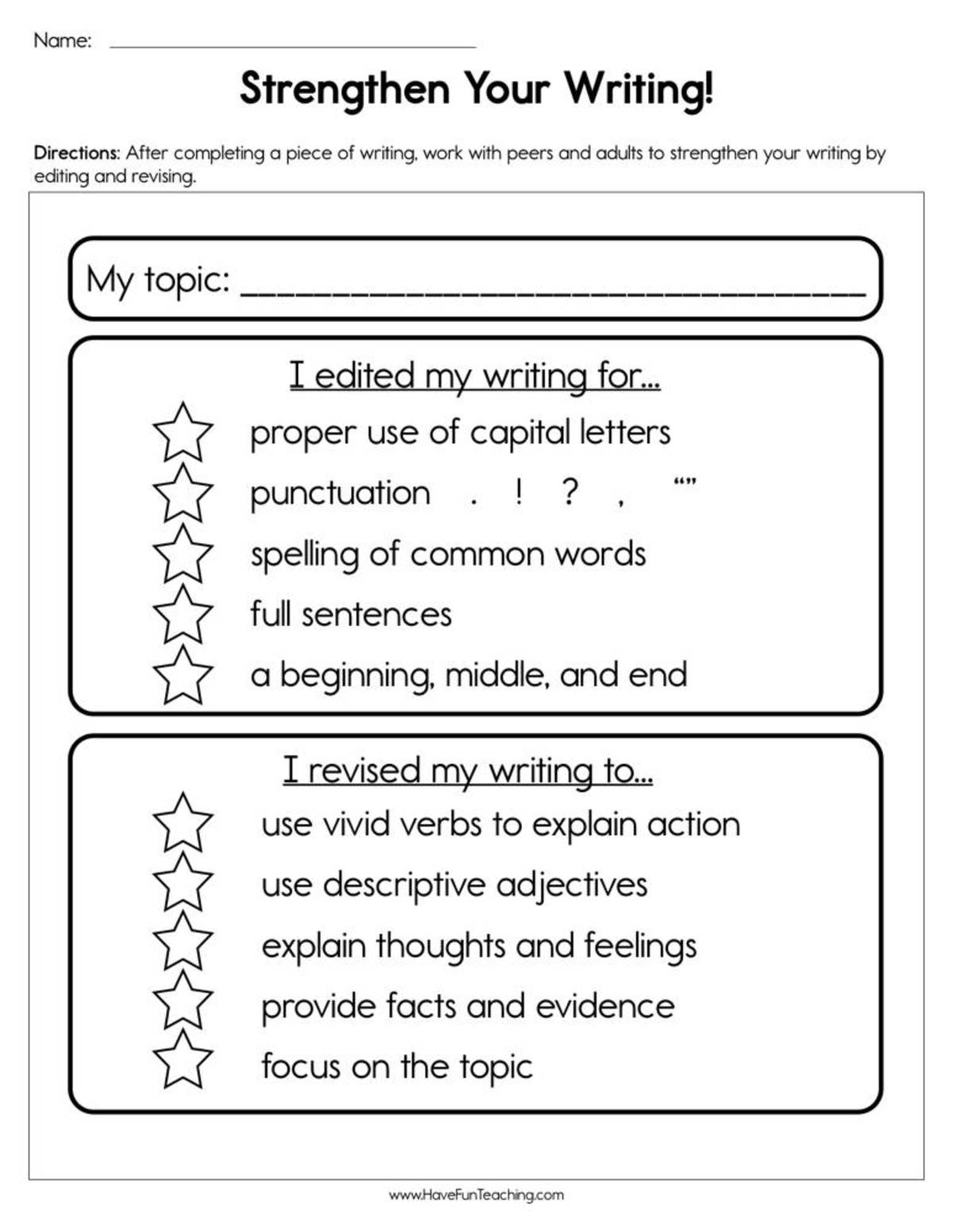 An educational teaching resource from Have Fun Teaching entitled Strengthen Your Writing Worksheet downloadable at Teach Simple.