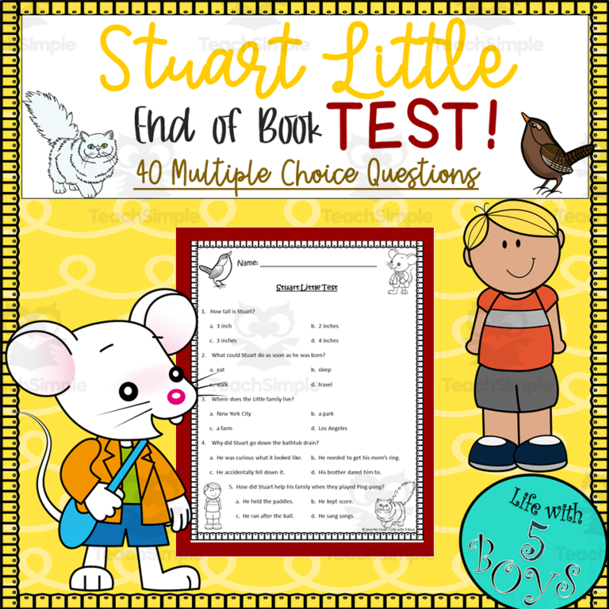 An educational teaching resource from Life with 5 Boys entitled Stuart Little Test downloadable at Teach Simple.