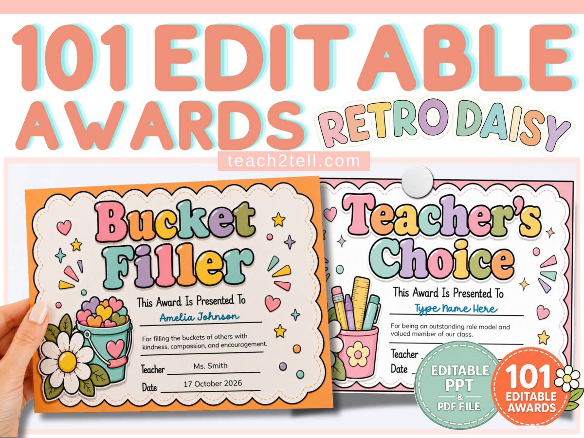 An educational teaching resource from Teach2Tell entitled Student Awards & Certificates Editable Classroom Recognition Awards downloadable at Teach Simple.