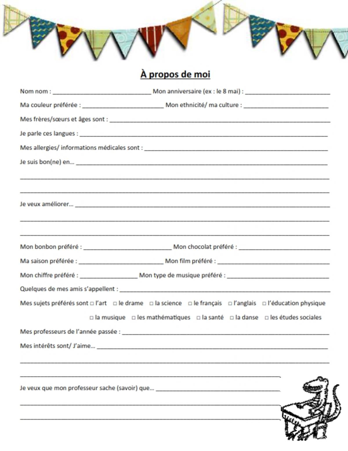 An educational teaching resource from Brave Education entitled Student Info for Parents to Fill Out (French Version) downloadable at Teach Simple.