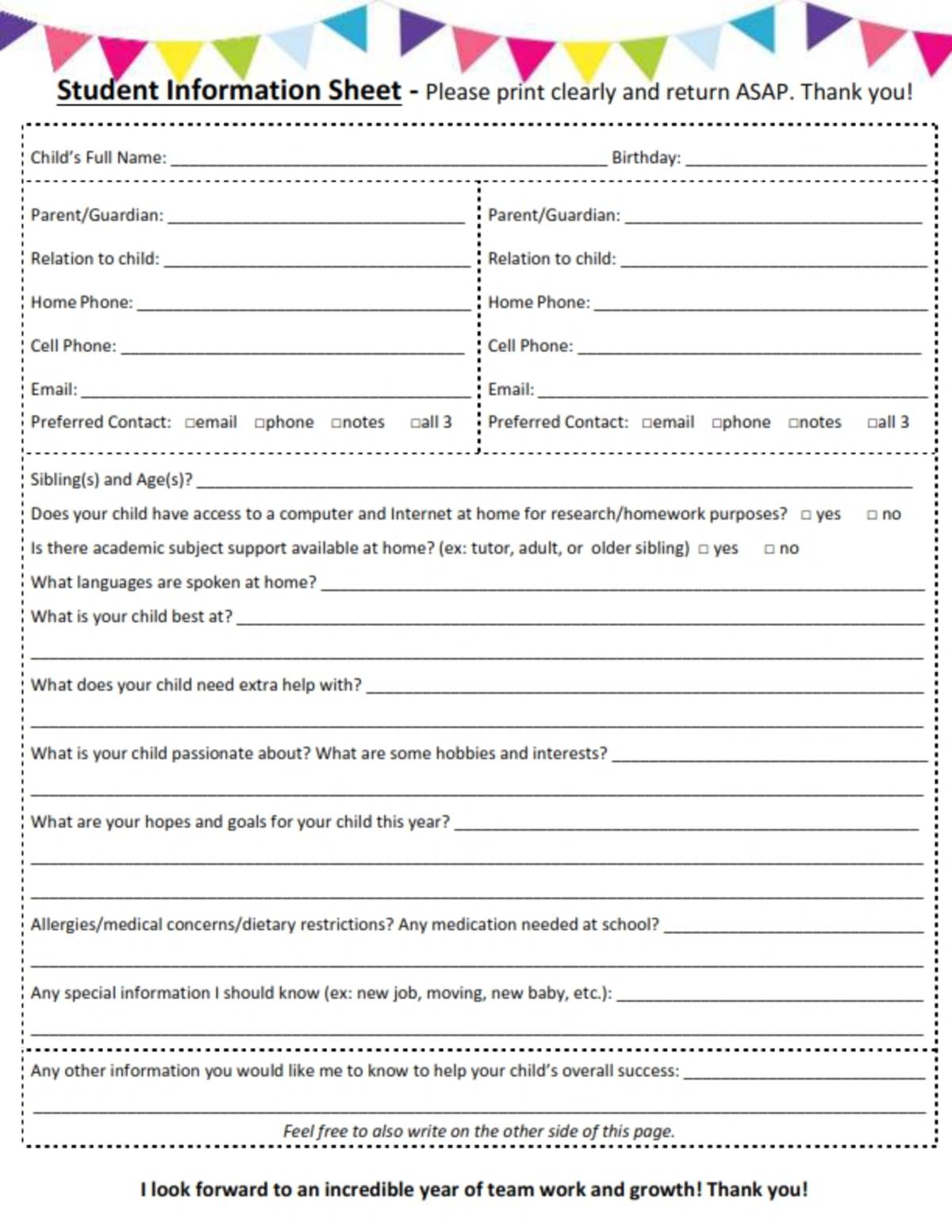 An educational teaching resource from Brave Education entitled Student Info for Parents to Fill Out downloadable at Teach Simple.