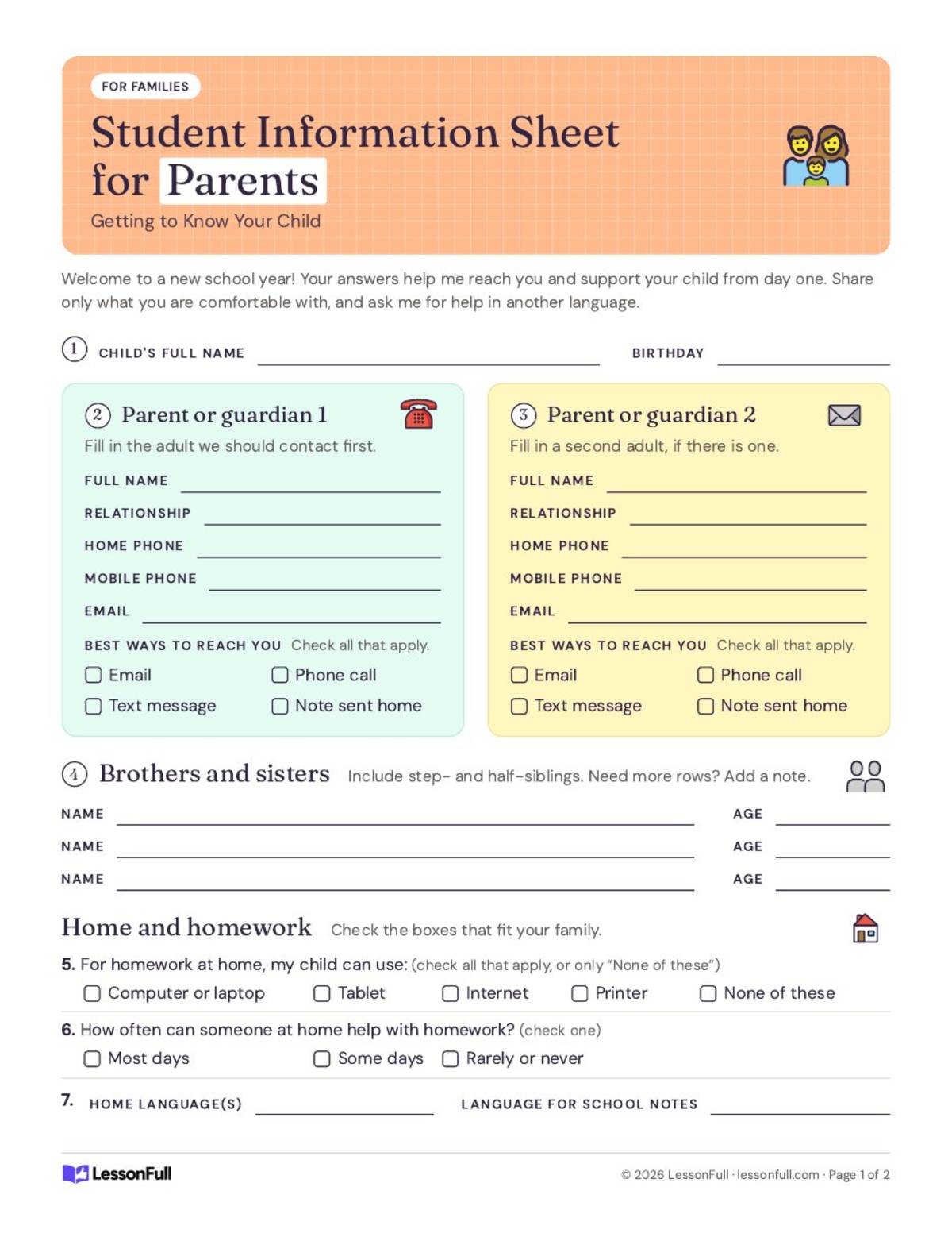 Student Information Sheet For Parents To Fill Out preview