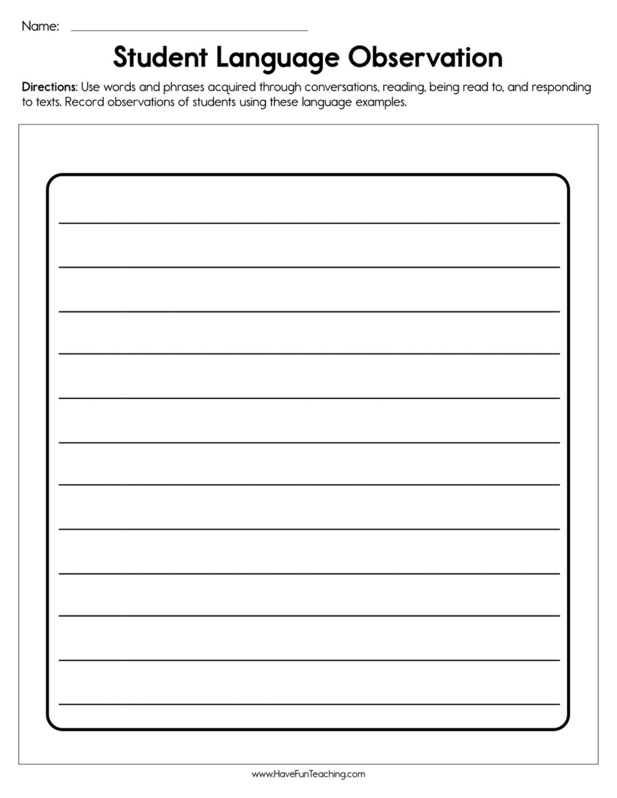 An educational teaching resource from Have Fun Teaching entitled Student Language Assessment Worksheet downloadable at Teach Simple.