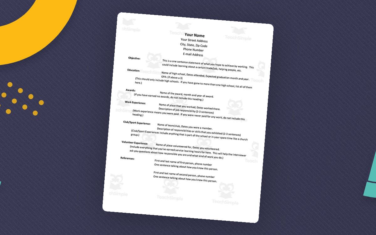 An educational teaching resource from ELA Resources entitled Student Resume Template & Example downloadable at Teach Simple.