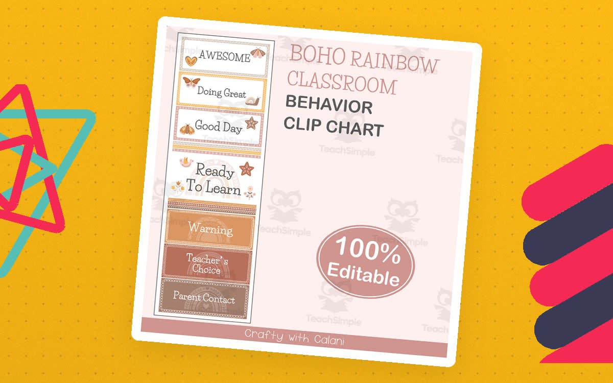 An educational teaching resource from Crafty with Calani entitled Student's Behavior Chart in Boho Rainbow Theme - 100% Editable downloadable at Teach Simple.