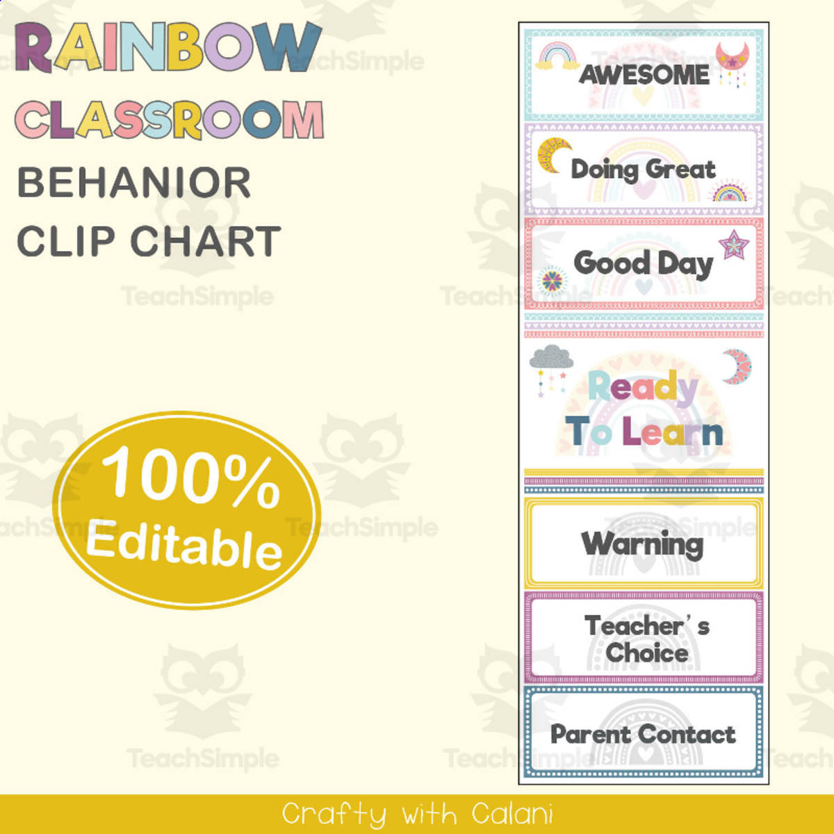 An educational teaching resource from Crafty with Calani entitled Student's Behavior Chart in Pastel Rainbow Theme - 100% Editable downloadable at Teach Simple.