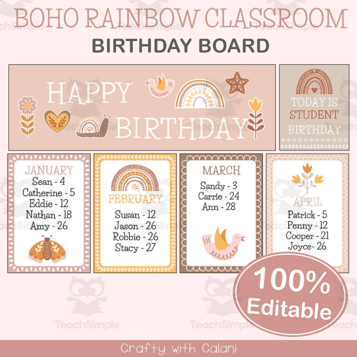 An educational teaching resource from Crafty with Calani entitled Student's Birthday Board in Boho Rainbow Theme - 100% Editable downloadable at Teach Simple.