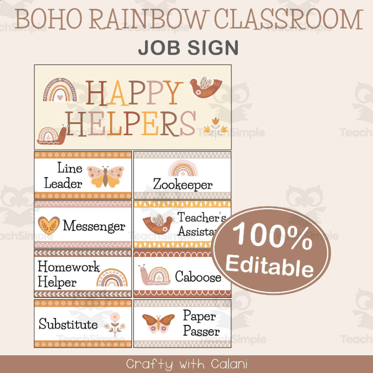 An educational teaching resource from Crafty with Calani entitled Student's Job Sign in Boho Rainbow Theme - 100% Editable downloadable at Teach Simple.