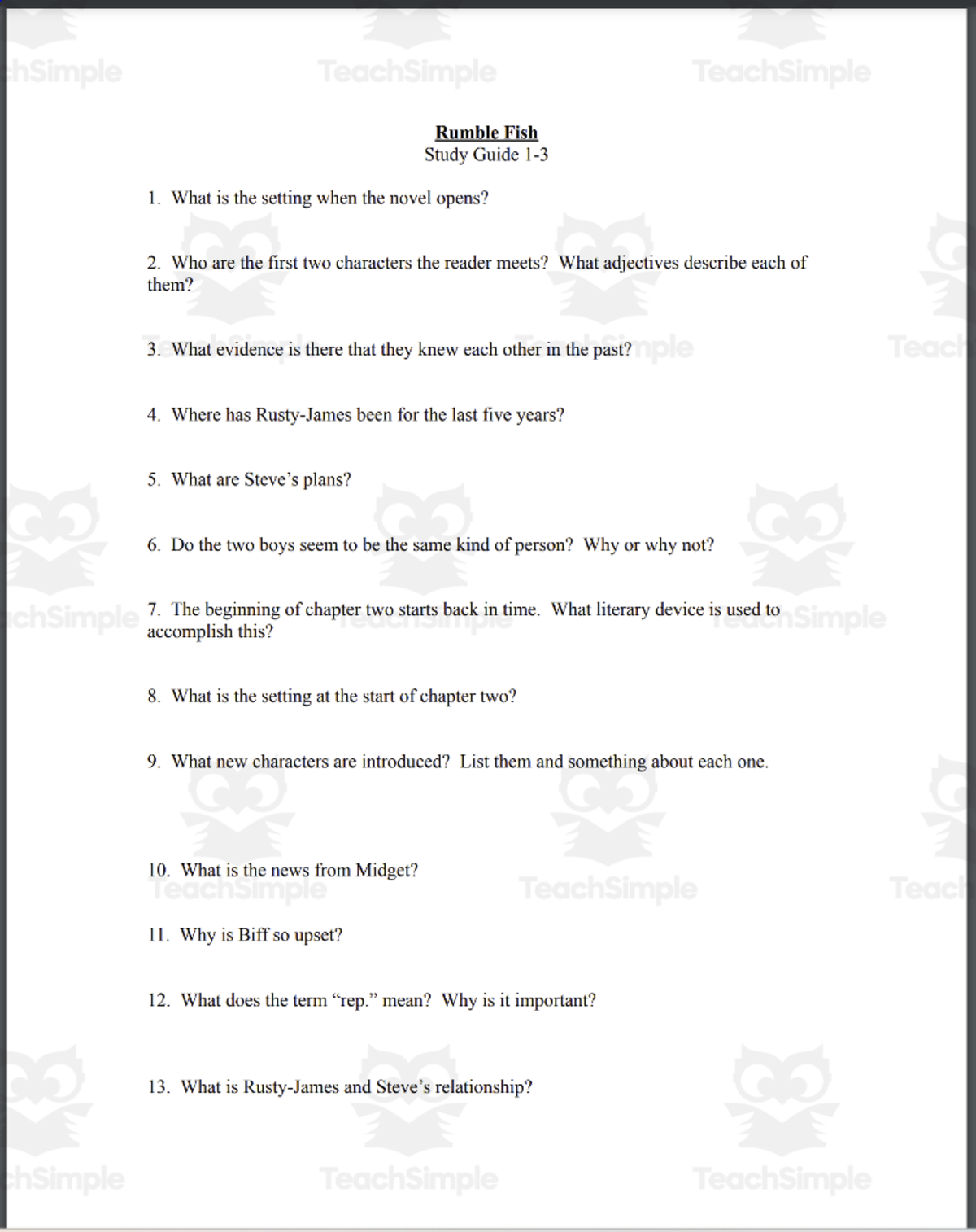 An educational teaching resource from The Education Lab entitled Study Guide: Rumble Fish downloadable at Teach Simple.