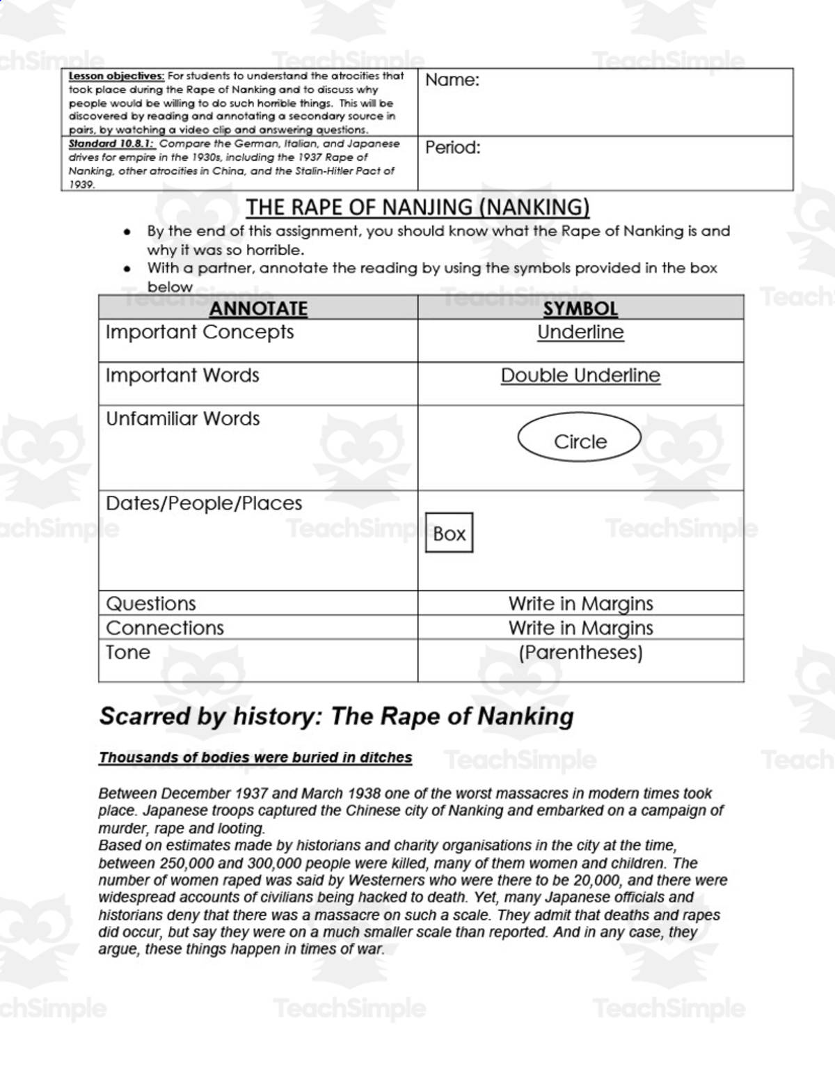 An educational teaching resource from Jason Stein entitled Study of the Rape of Nanjing downloadable at Teach Simple.