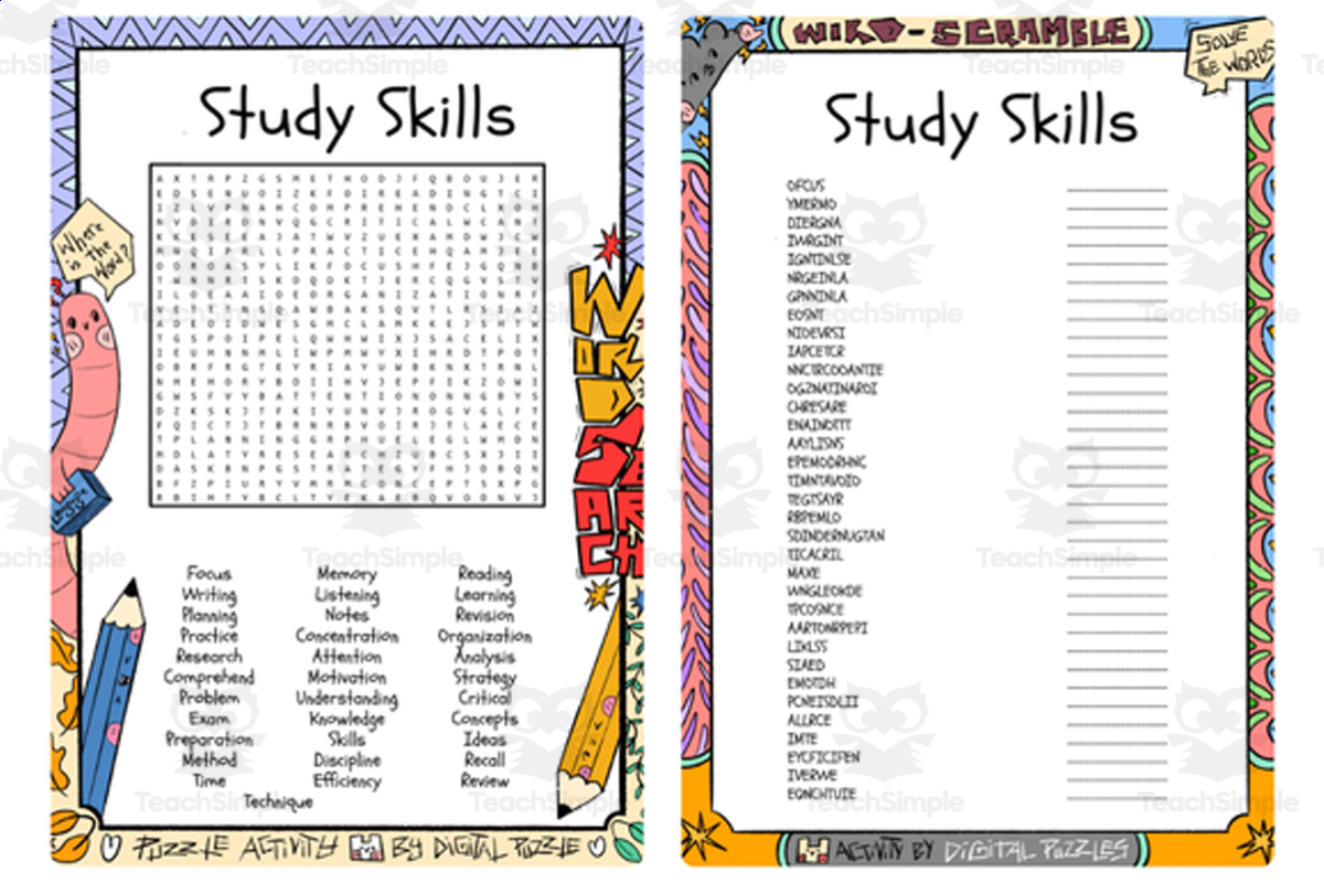 An educational teaching resource from Lapiiin Art Activities entitled Study Skills word search and word scramble downloadable at Teach Simple.