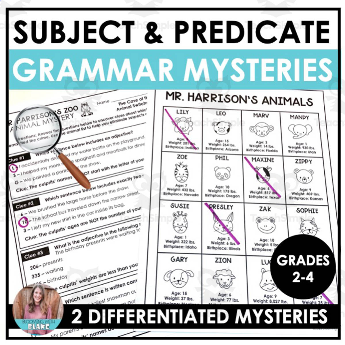 An educational teaching resource from Blooming with Blake entitled Subject and Predicate Animal Mysteries Activity downloadable at Teach Simple.