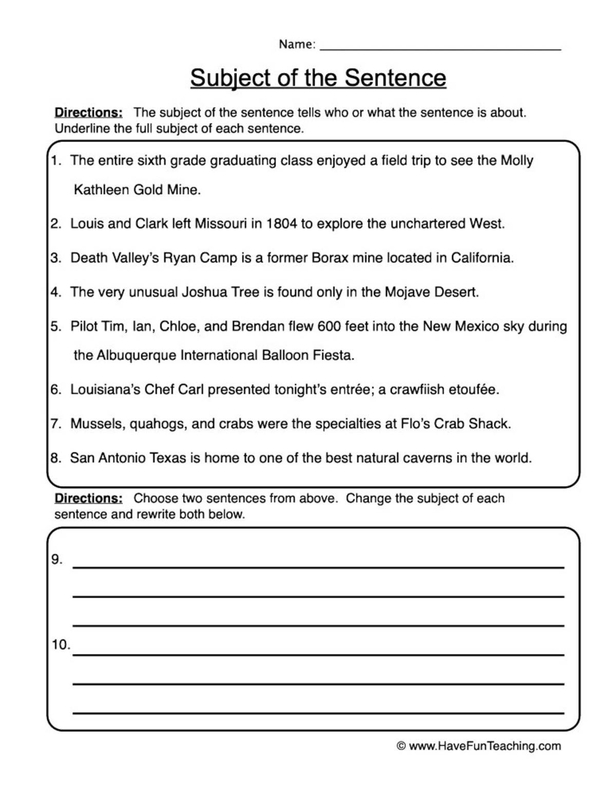 An educational teaching resource from Have Fun Teaching entitled Subject of the Sentence Worksheet downloadable at Teach Simple.