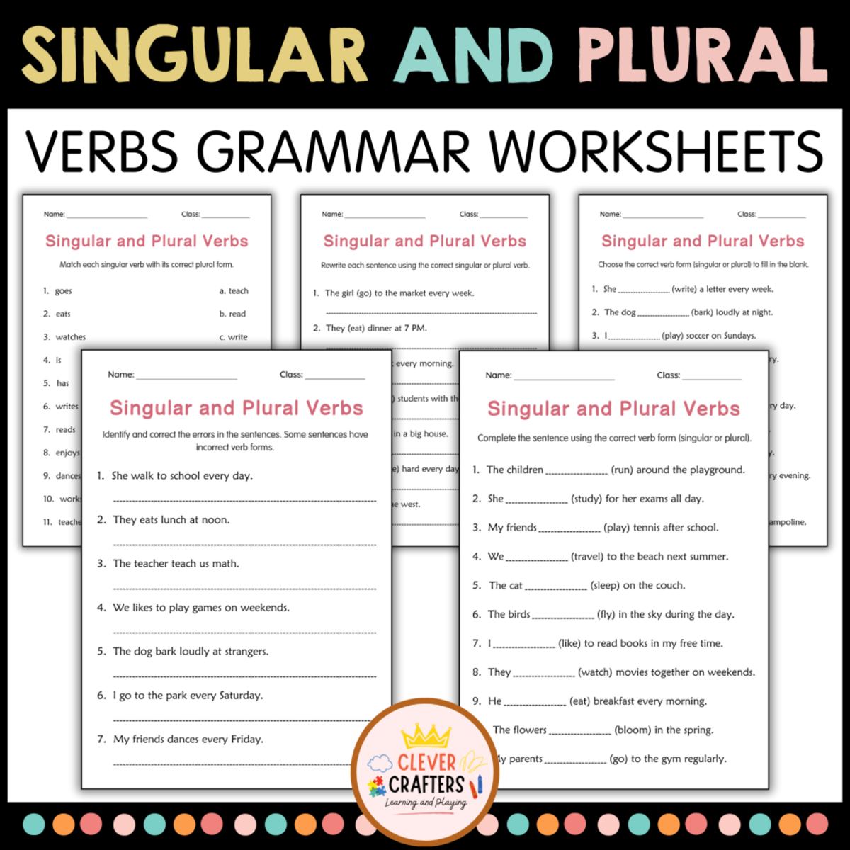 An educational teaching resource from Clever Crafters entitled Subject Singular and Plural Verbs Grammar Worksheet for Grade 1, 2, 3 downloadable at Teach Simple.