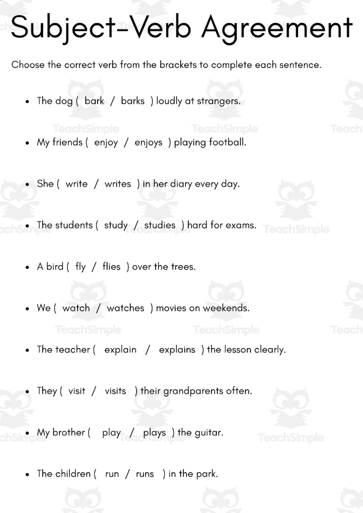 An educational teaching resource from MultiLingual Grammar Lab entitled subject verb agreement exercises for class 9 downloadable at Teach Simple.
