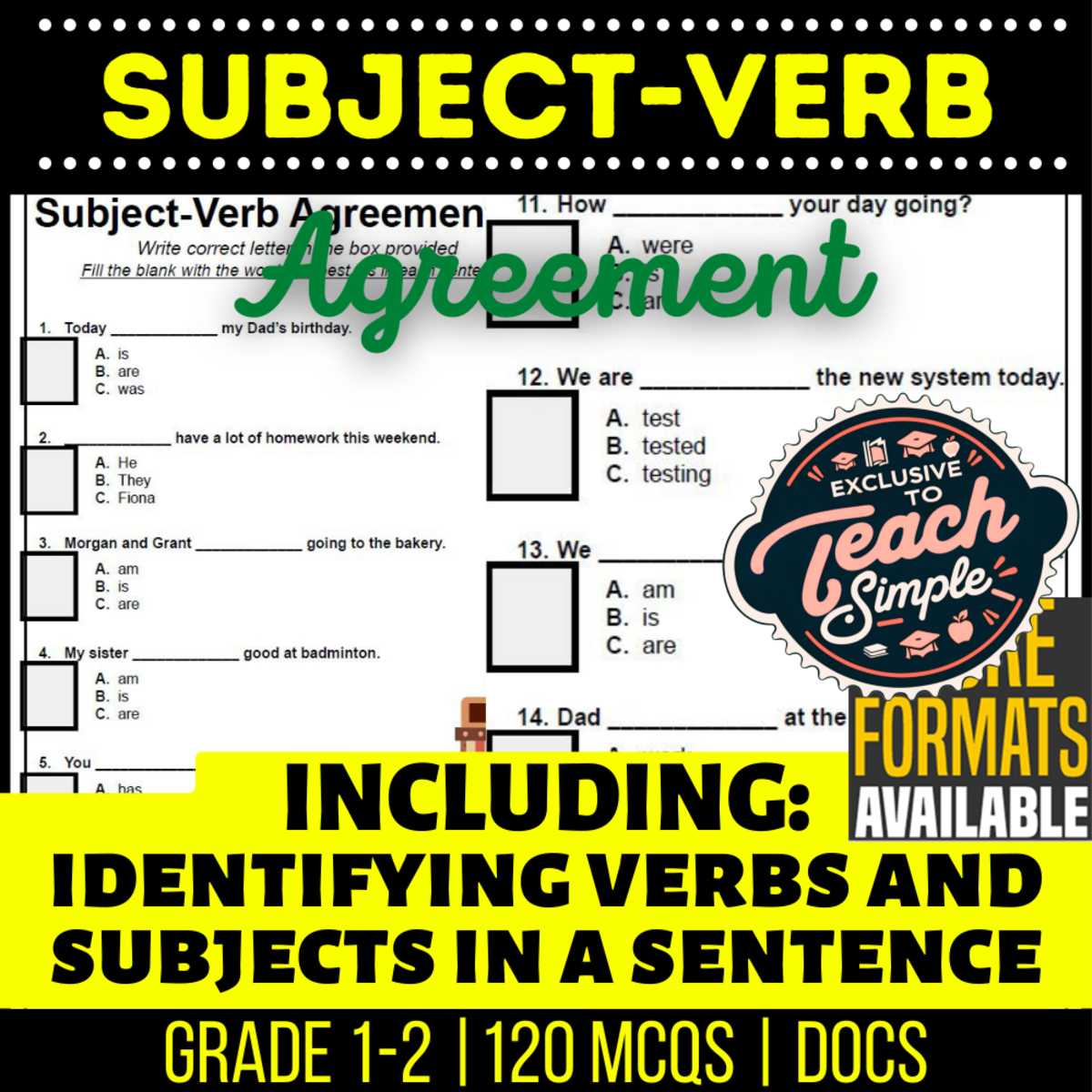 An educational teaching resource from Cored Education entitled Subject-Verb Agreement Practice Questions - Grades 1-2 Grammar (Docs) downloadable at Teach Simple.