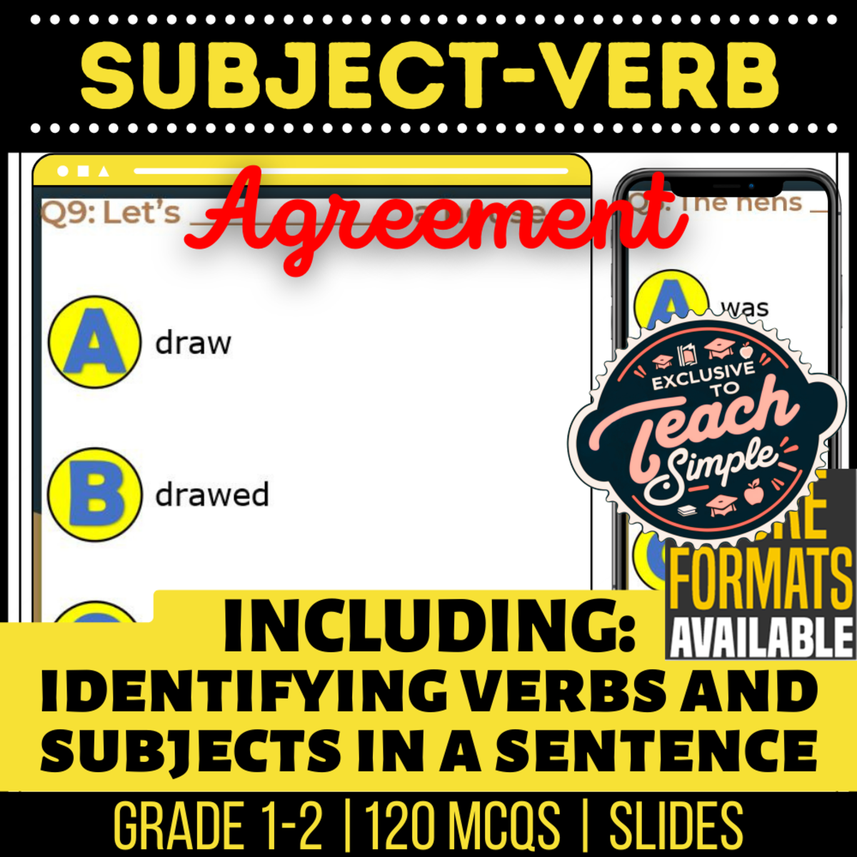 An educational teaching resource from Cored Education entitled Subject-Verb Agreement Practice Questions - Grades 1-2 Grammar(Slides) downloadable at Teach Simple.