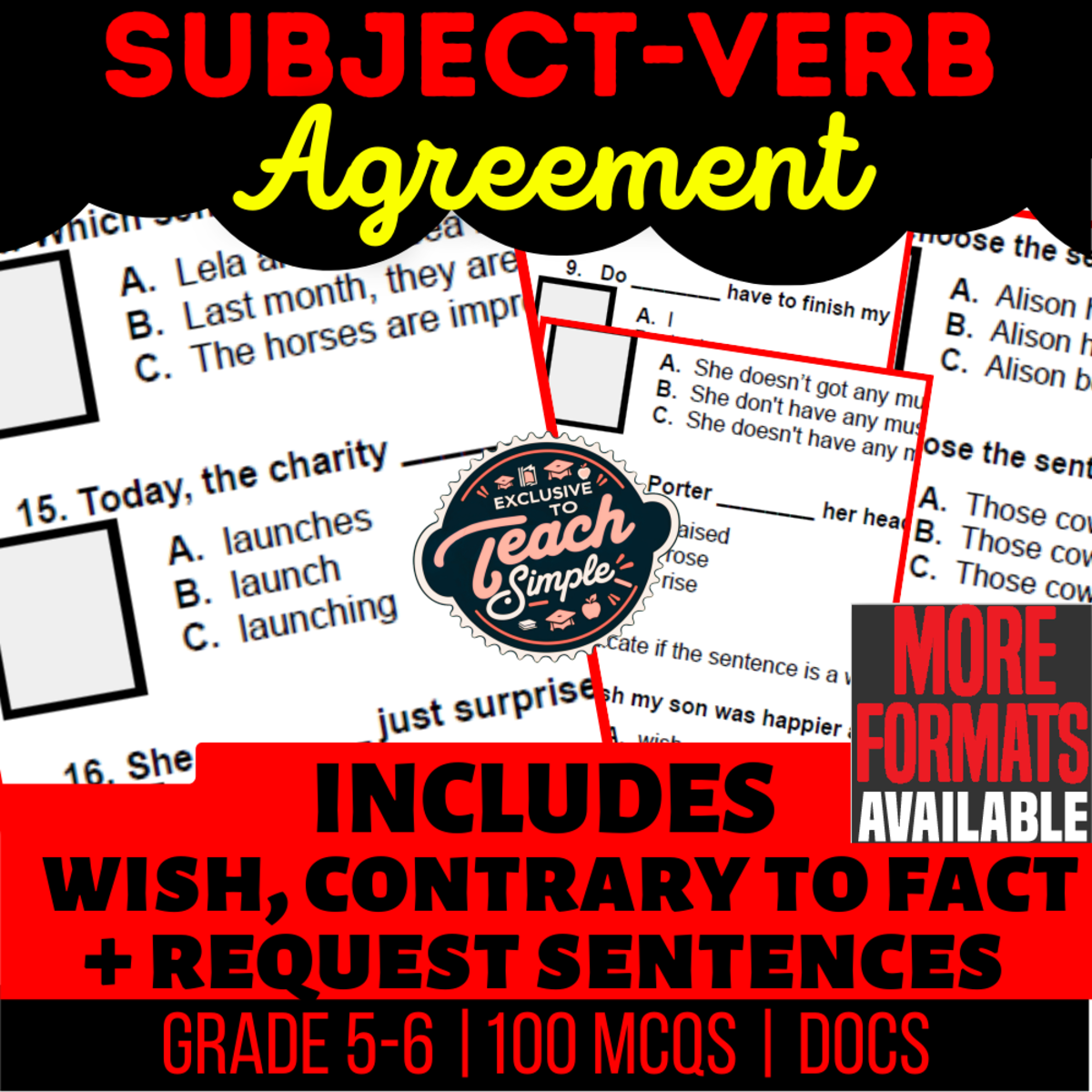 An educational teaching resource from Cored Education entitled Subject-Verb Agreement Practice Questions - Grammar Grade 5-6 (Docs) downloadable at Teach Simple.