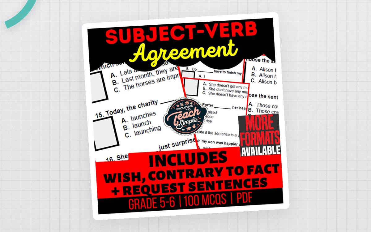 An educational teaching resource from Cored Education entitled Subject-Verb Agreement Practice Questions - Grammar Grade 5-6 (PDF) downloadable at Teach Simple.