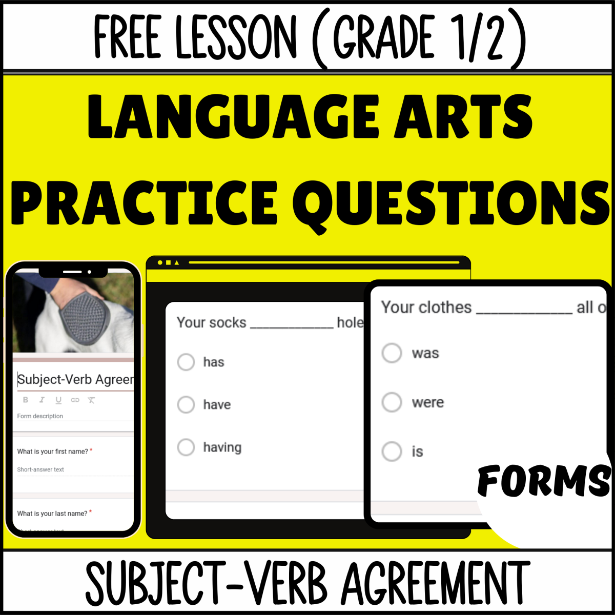 An educational teaching resource from Cored Education entitled Subject-Verb Agreement Sample - Grades 1-2 Grammar (Forms) downloadable at Teach Simple.
