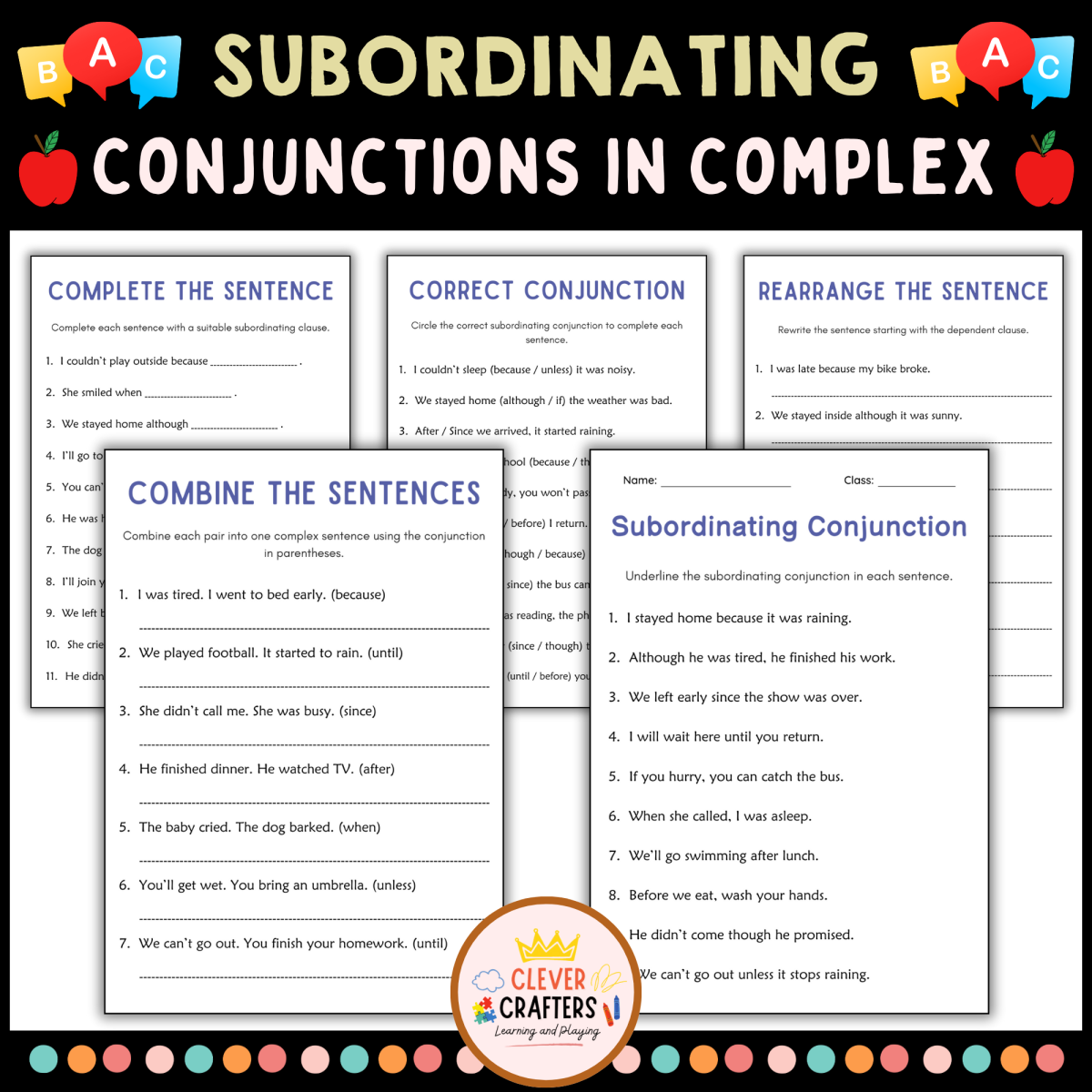 An educational teaching resource from Clever Crafters entitled Subordinating Conjunctions in Complex Sentences Grammar Worksheets downloadable at Teach Simple.