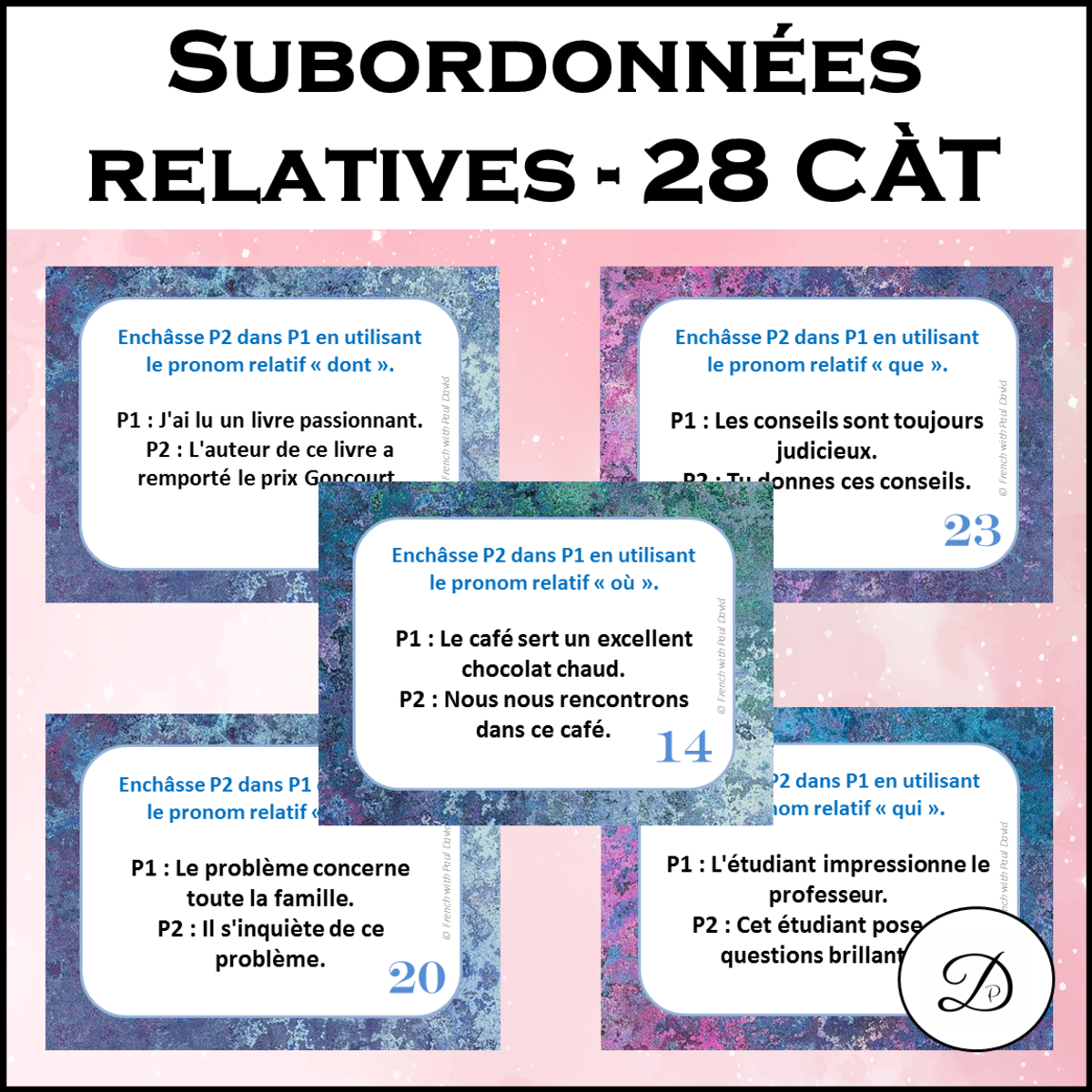 An educational teaching resource from French with Paul David entitled Subordonnées relatives - 28 CÀT downloadable at Teach Simple.