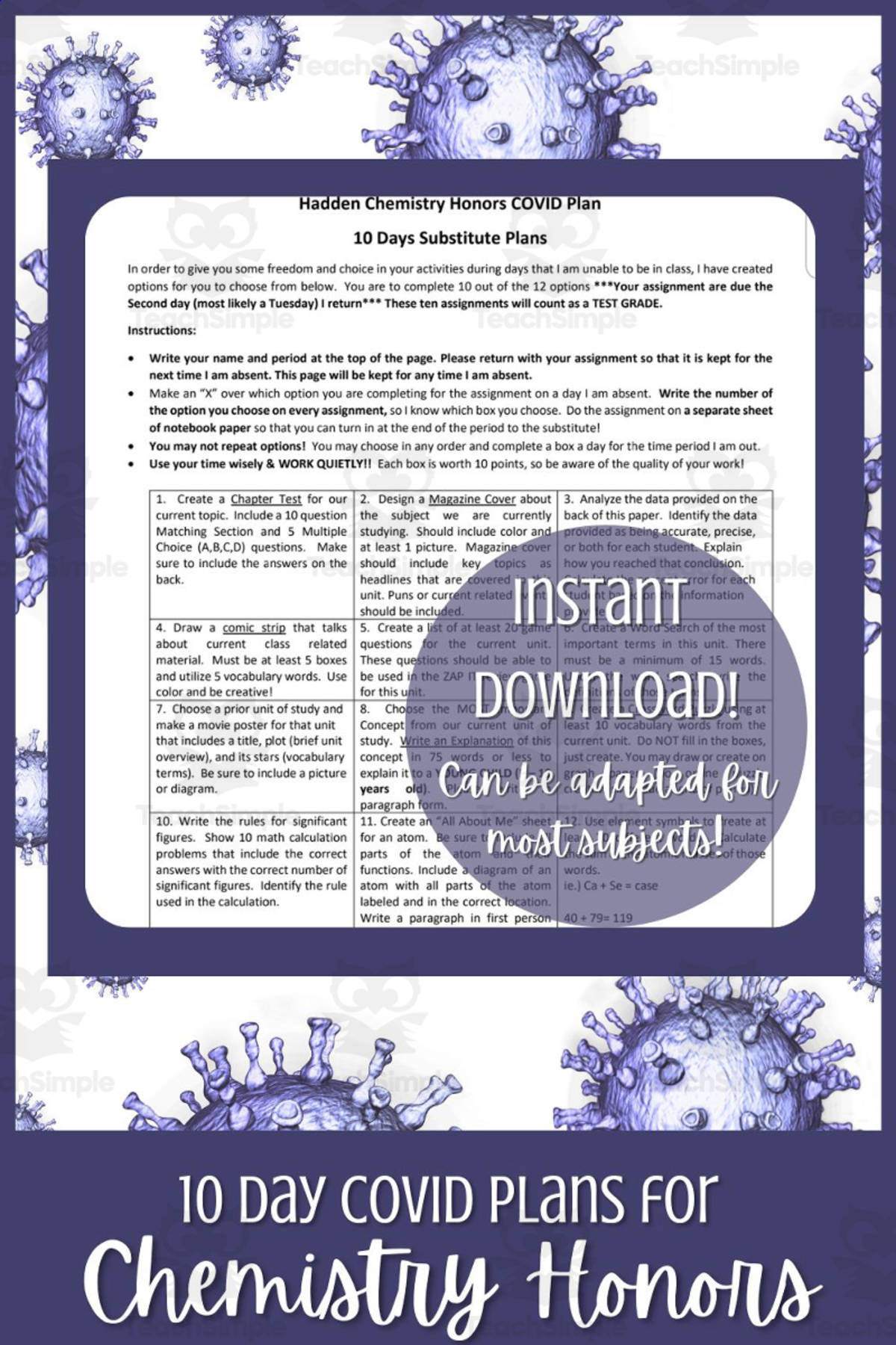 An educational teaching resource from Organized Chaos entitled Substitute Plan: Chemistry COVID - 10 Days downloadable at Teach Simple.