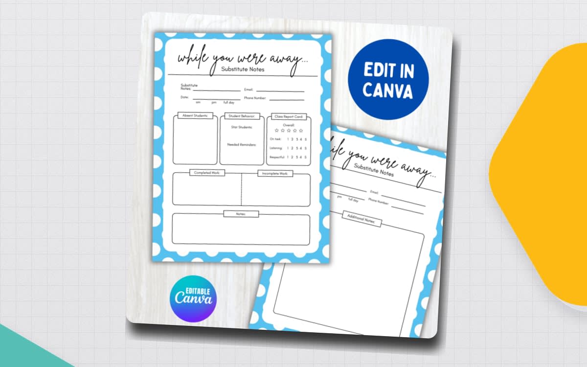 An educational teaching resource from screenzro entitled Substitute Teacher notes Report Forms Editable While you Were Out downloadable at Teach Simple.