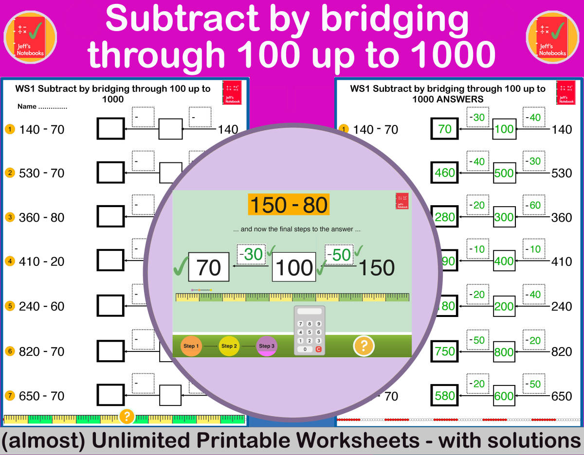 An educational teaching resource from Jeff's Notebooks entitled Subtract by bridging through 100 up to 1000 - A Mental Strategy downloadable at Teach Simple.