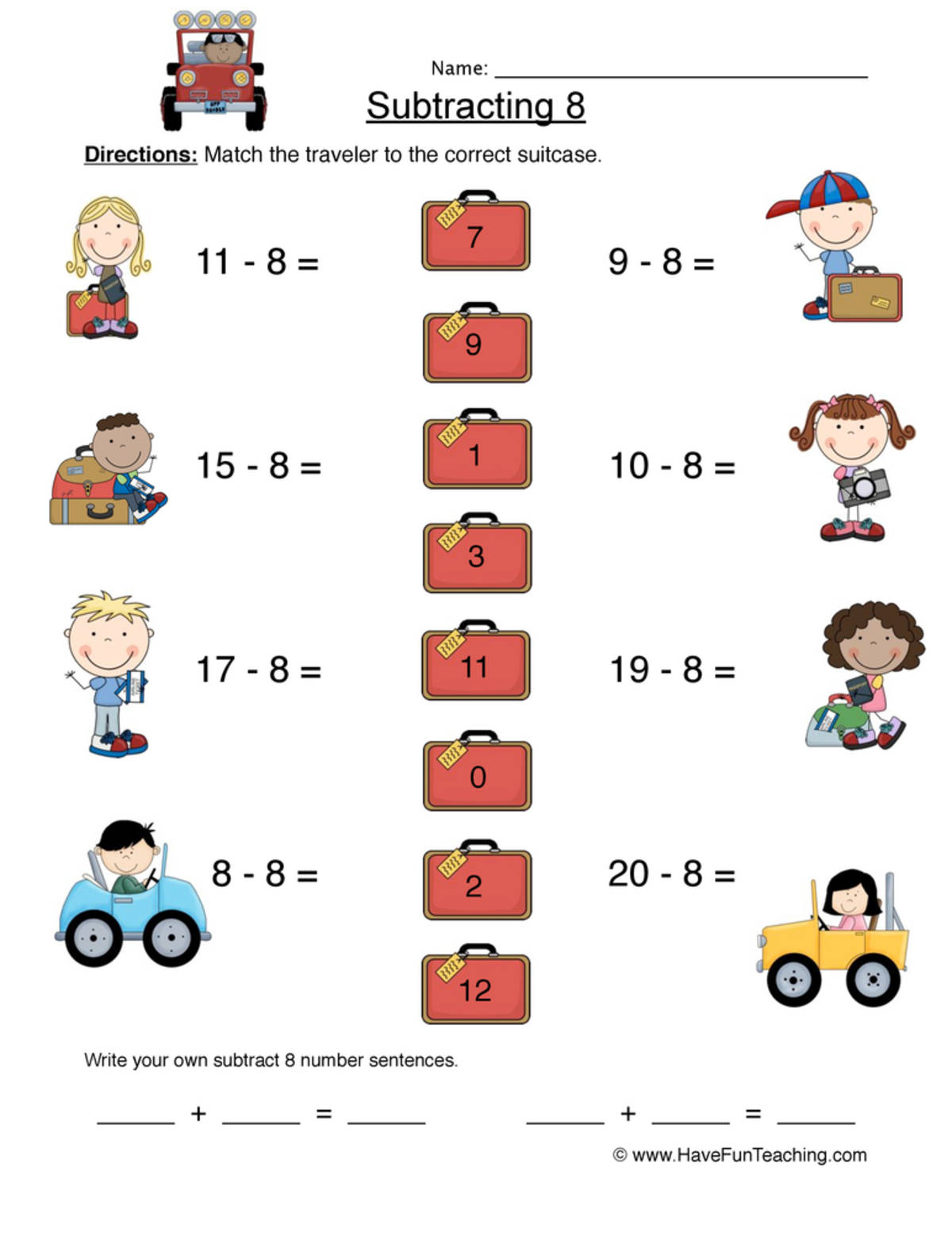An educational teaching resource from Have Fun Teaching entitled Subtract Eight Matching Worksheet downloadable at Teach Simple.