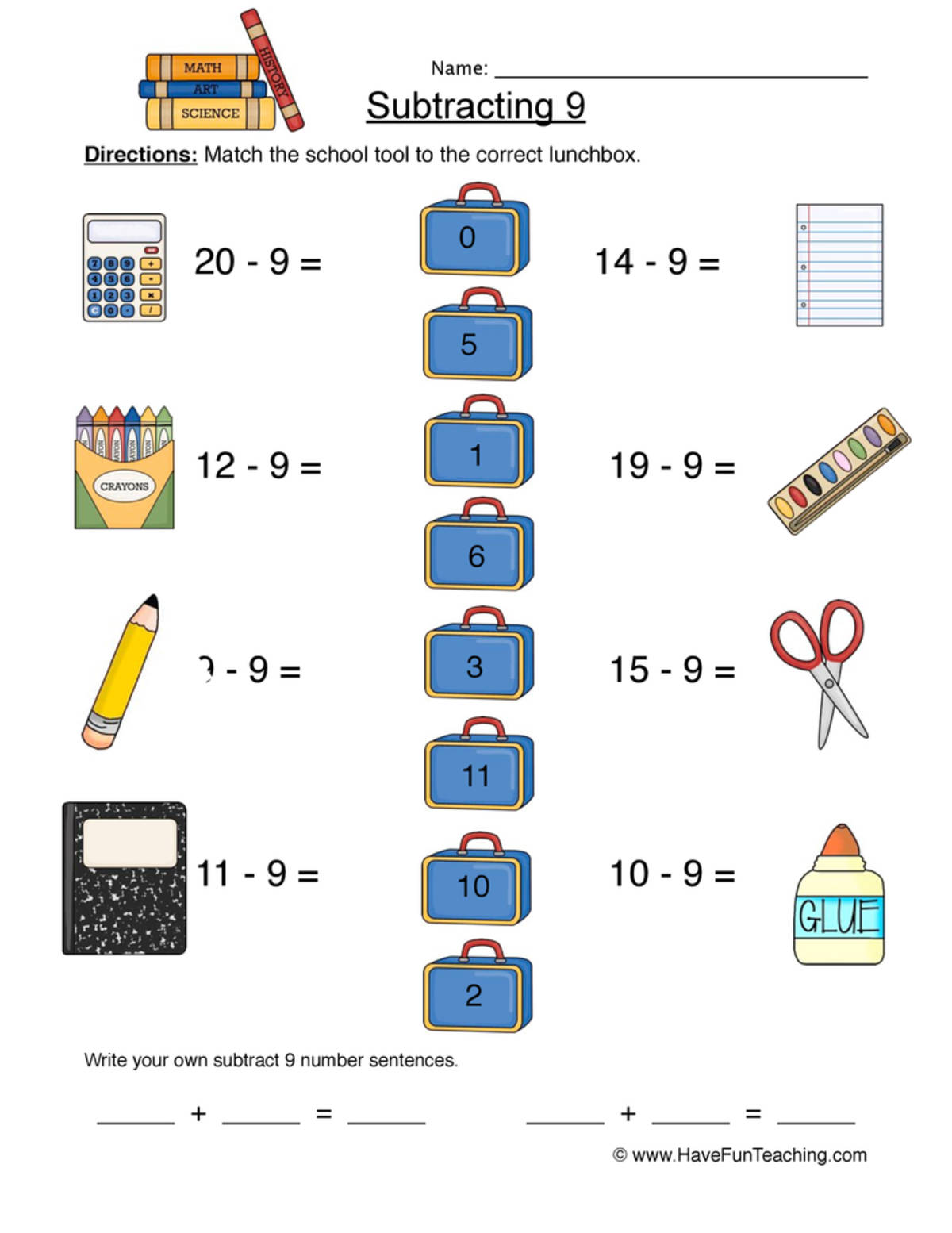 An educational teaching resource from Have Fun Teaching entitled Subtract Nine Matching Worksheet downloadable at Teach Simple.