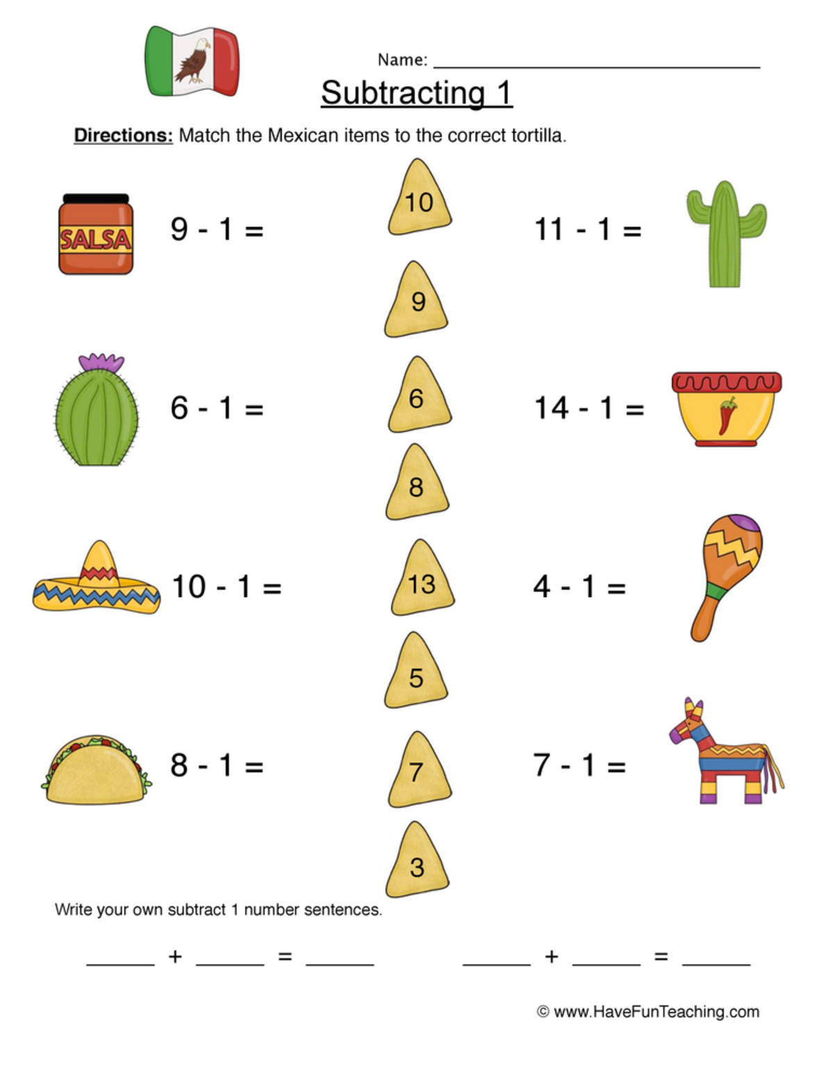 An educational teaching resource from Have Fun Teaching entitled Subtract One Matching Worksheet downloadable at Teach Simple.