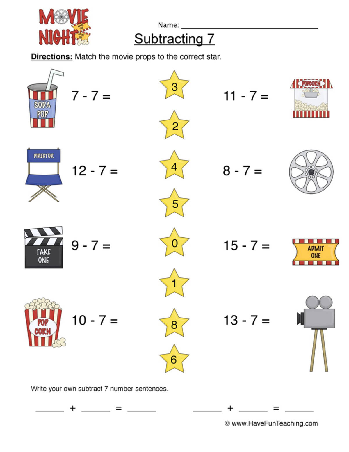 An educational teaching resource from Have Fun Teaching entitled Subtract Seven Matching Worksheet downloadable at Teach Simple.