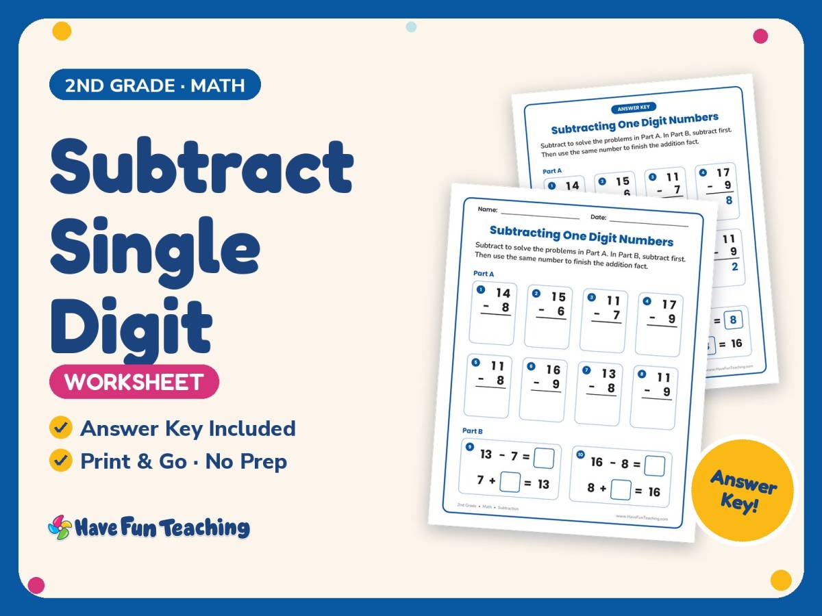 Subtract Single Digit Worksheet – 2nd Grade Subtraction Practice preview