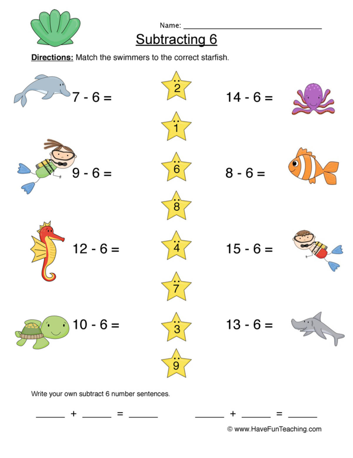 An educational teaching resource from Have Fun Teaching entitled Subtract Six Matching Worksheet downloadable at Teach Simple.