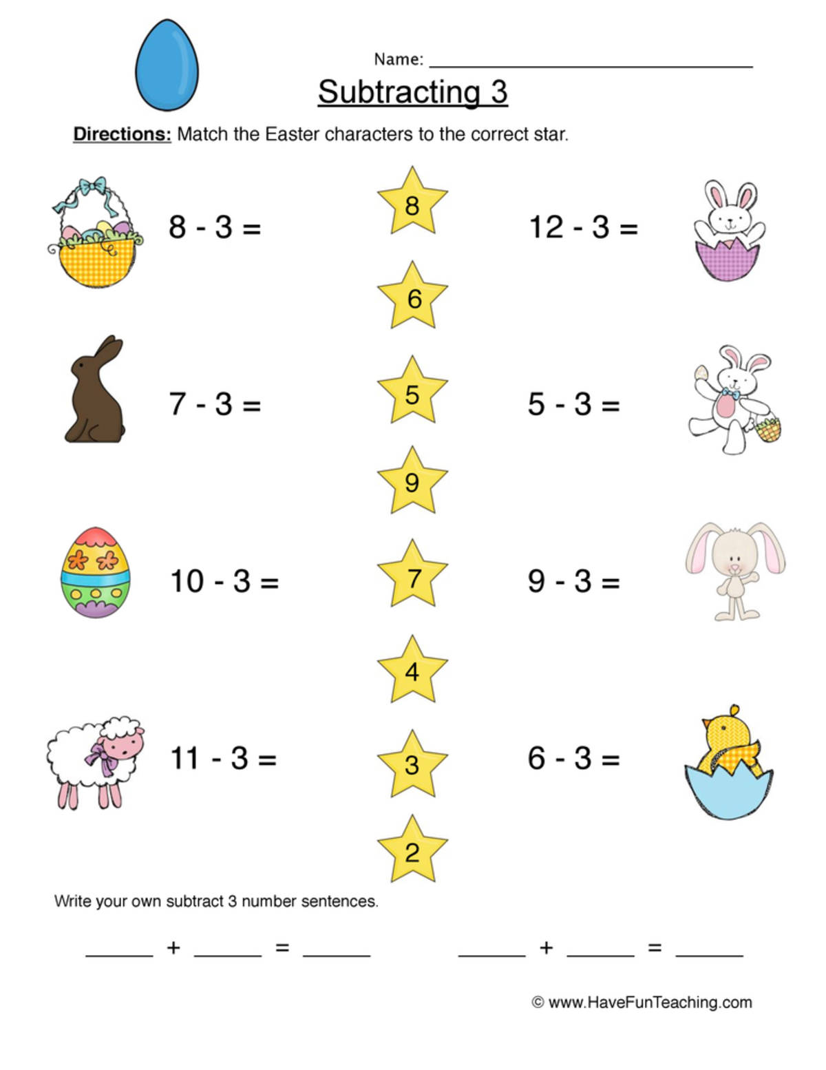 An educational teaching resource from Have Fun Teaching entitled Subtract Three Matching Worksheet downloadable at Teach Simple.