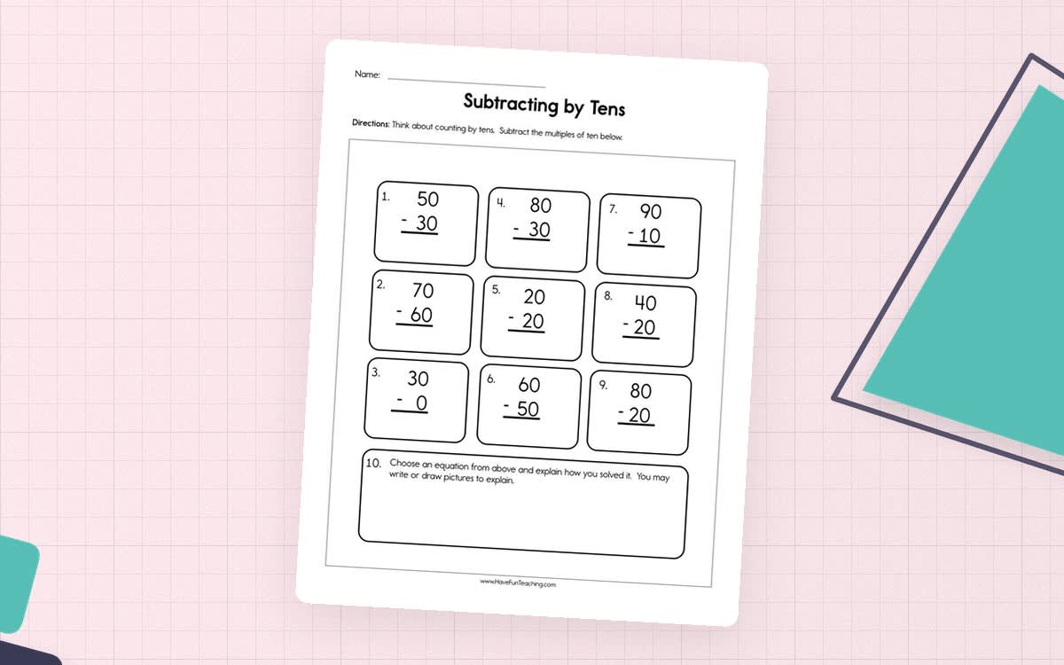 An educational teaching resource from Have Fun Teaching entitled Subtracting by Tens – Multiples of 10 Worksheet downloadable at Teach Simple.