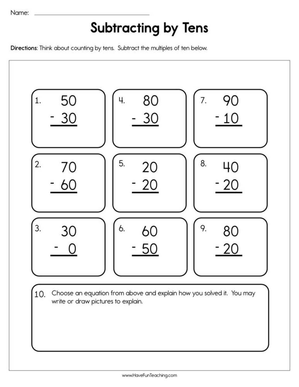 An educational teaching resource from Have Fun Teaching entitled Subtracting by Tens – Multiples of 10 Worksheet downloadable at Teach Simple.