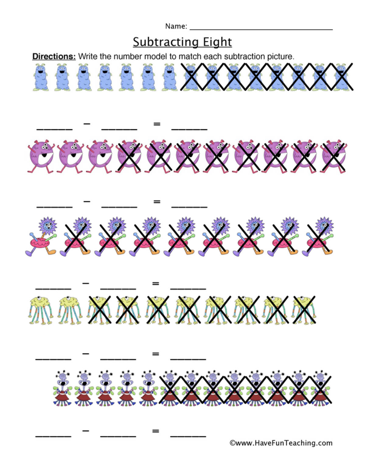 An educational teaching resource from Have Fun Teaching entitled Subtracting Eight Writing Equations Worksheet downloadable at Teach Simple.