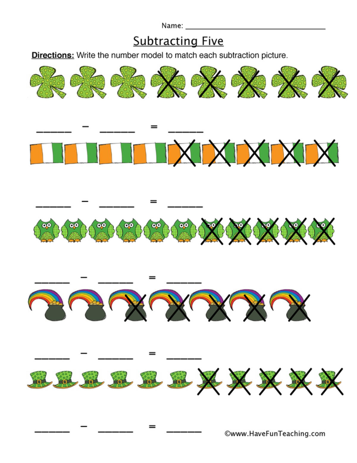 An educational teaching resource from Have Fun Teaching entitled Subtracting Five Writing Equations Worksheet downloadable at Teach Simple.