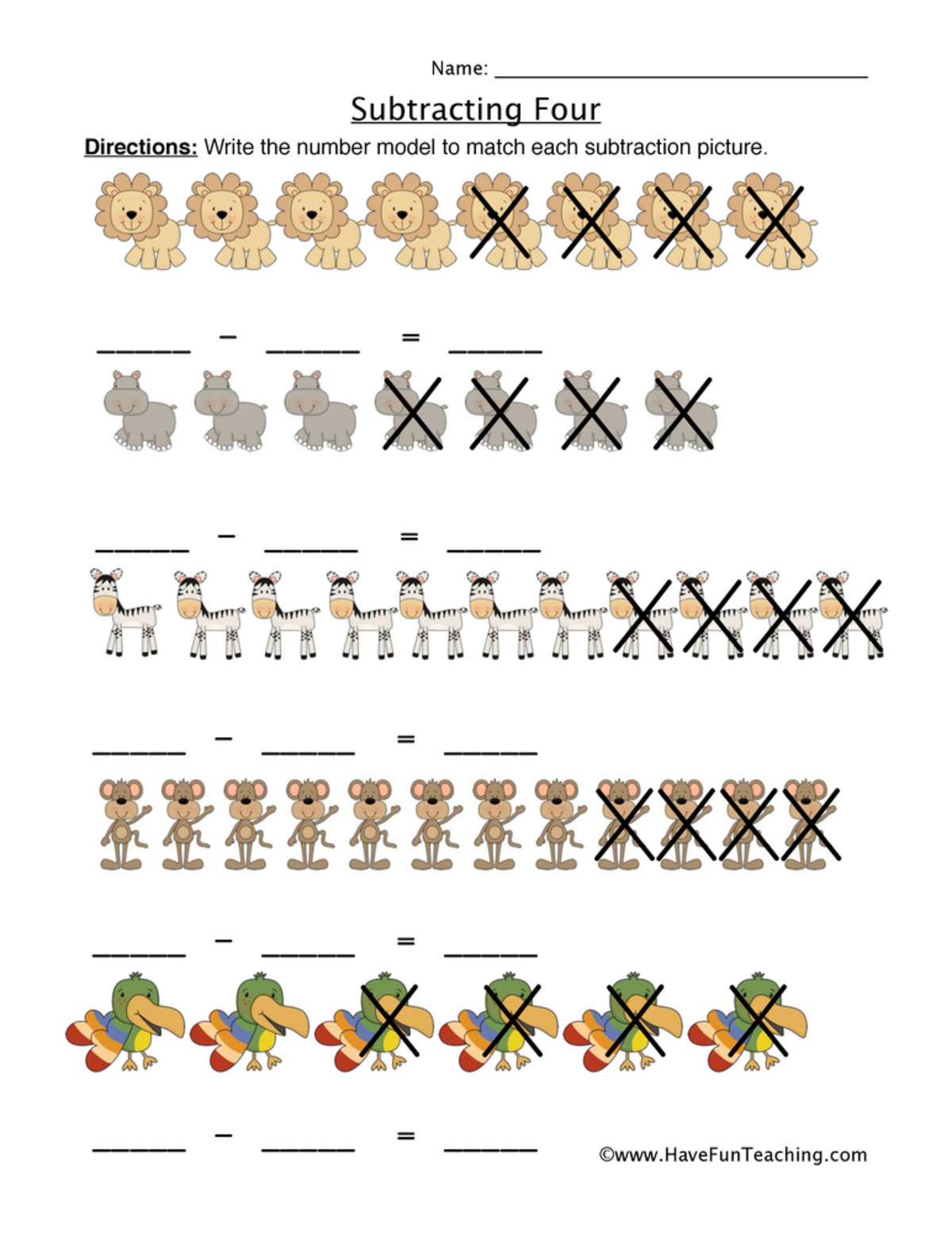An educational teaching resource from Have Fun Teaching entitled Subtracting Four Writing Equations Worksheet downloadable at Teach Simple.