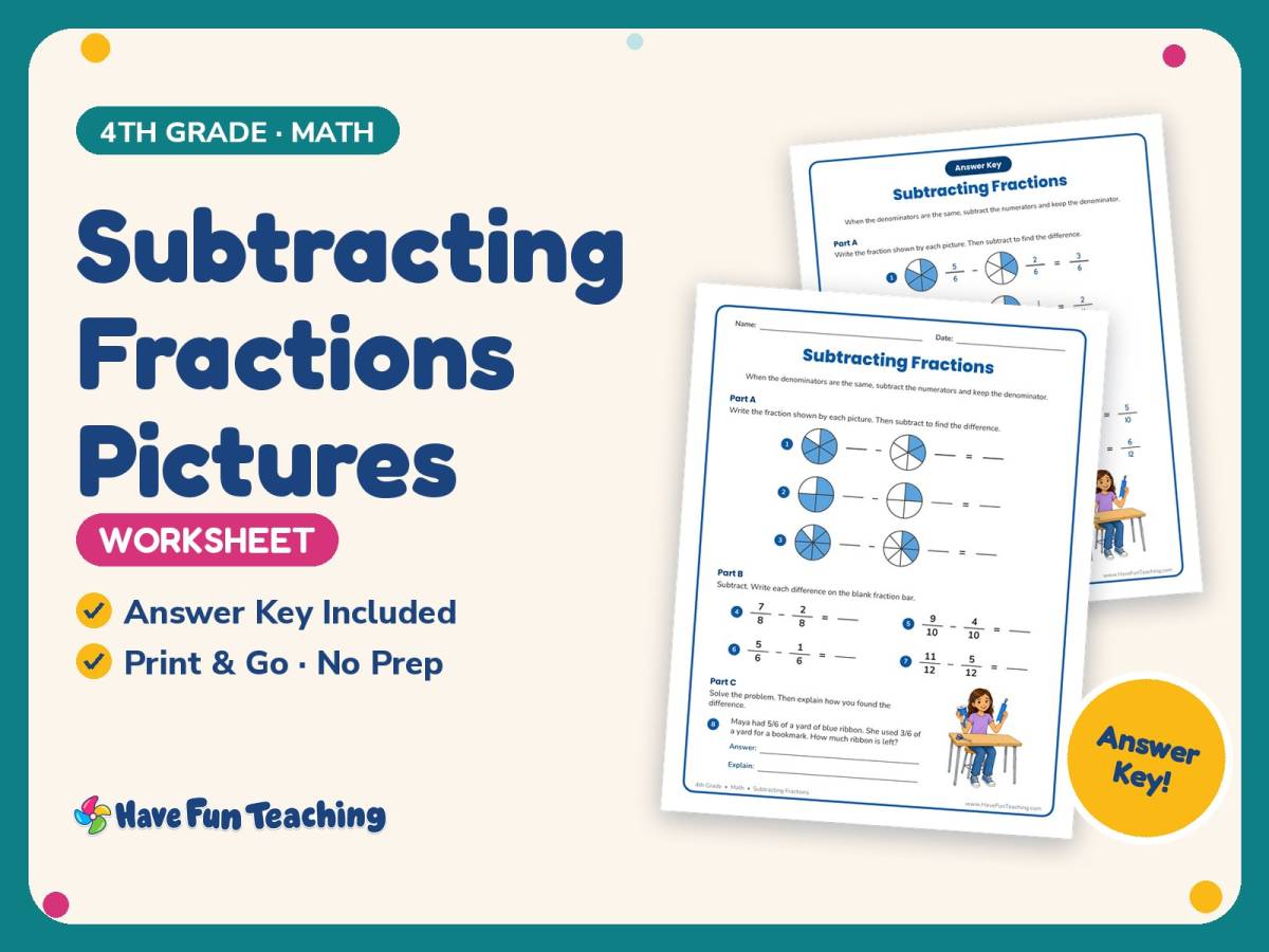 Subtracting Fractions Pictures Worksheet – 4th Grade Subtraction preview