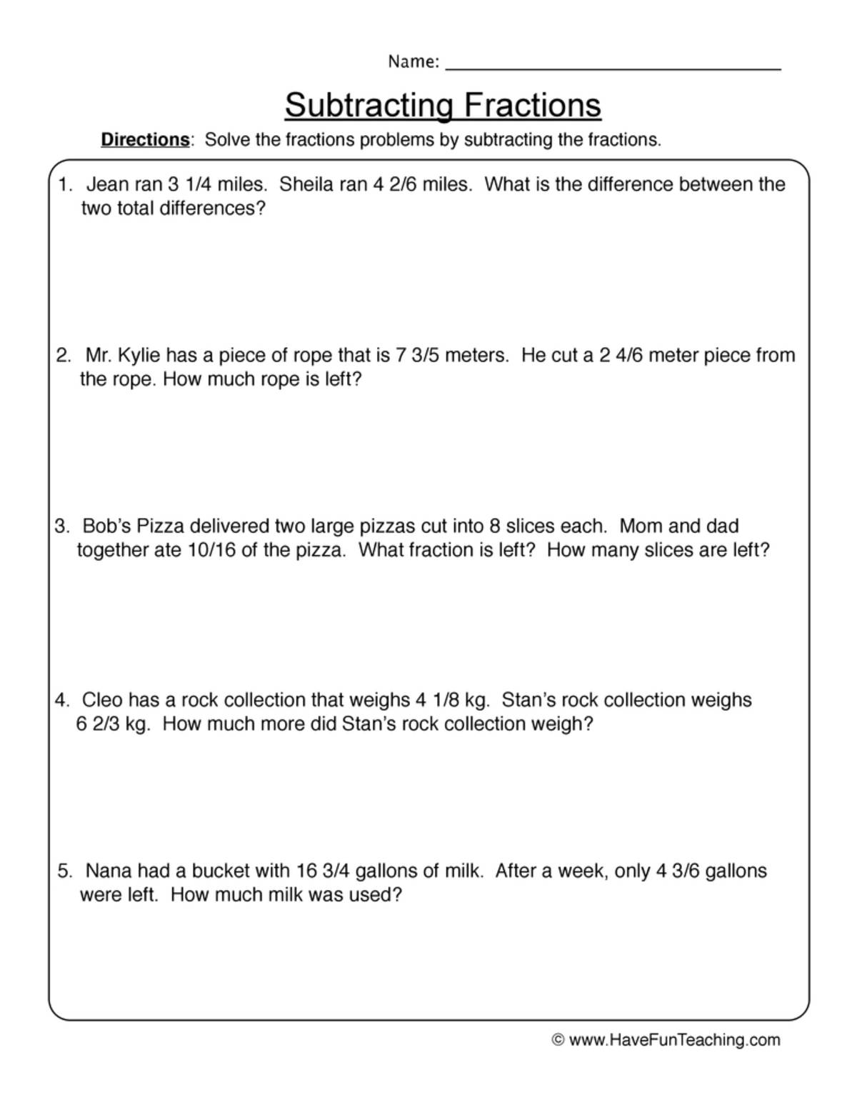 An educational teaching resource from Have Fun Teaching entitled Subtracting Fractions Word Problems Worksheet downloadable at Teach Simple.