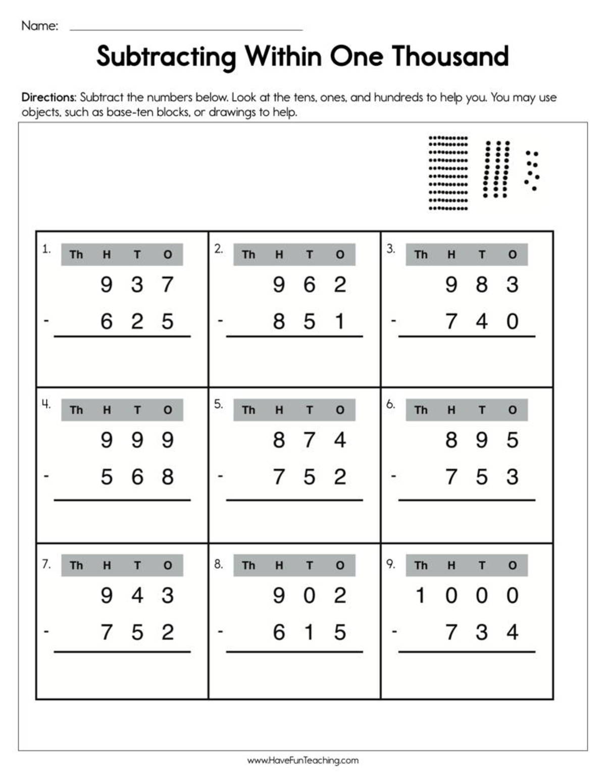 An educational teaching resource from Have Fun Teaching entitled Subtracting From One Thousand Worksheet downloadable at Teach Simple.