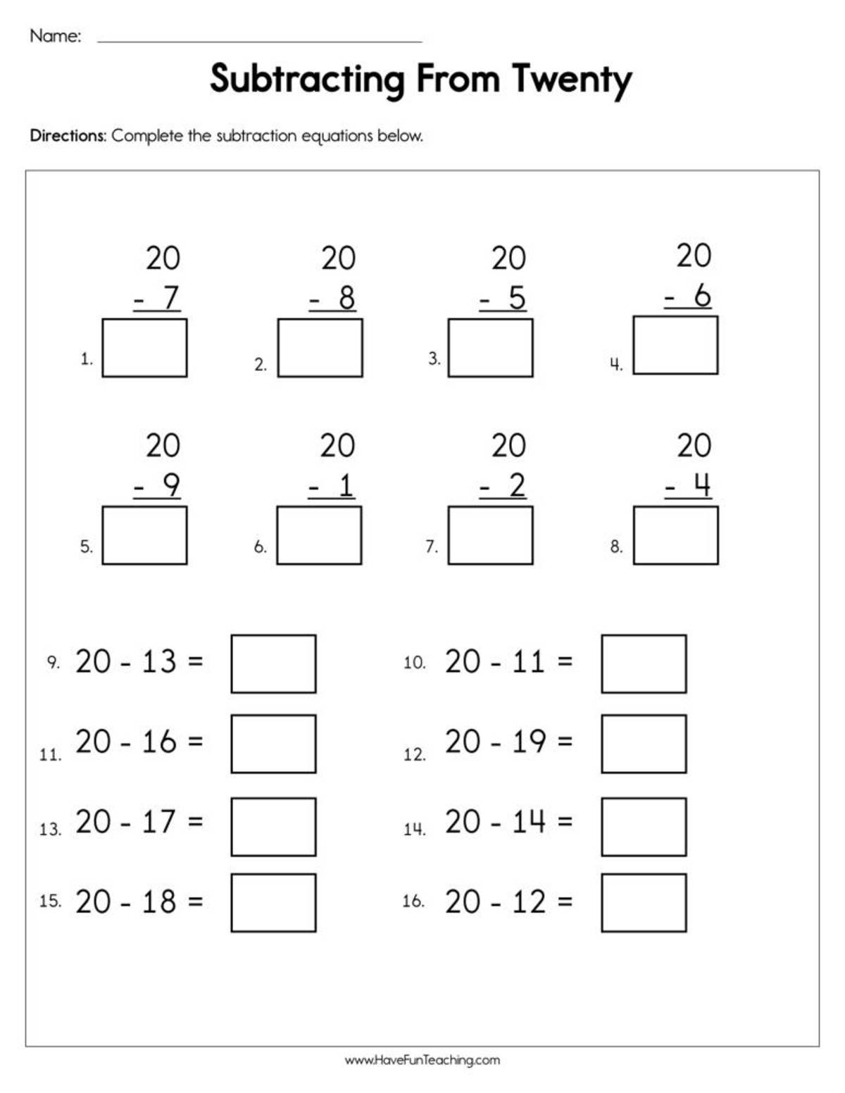 An educational teaching resource from Have Fun Teaching entitled Subtracting From Twenty Worksheet downloadable at Teach Simple.